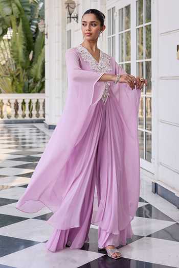 RINESSA_Lavender Georgette, Net, Shantoon V-neck Pearl Embellished Kaftan Set _Online_at_Aza_Fashions