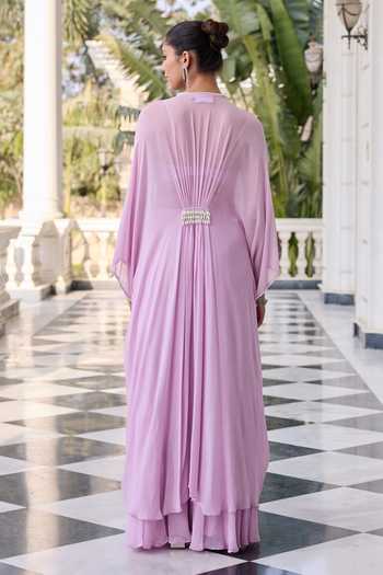 Shop_RINESSA_Lavender Georgette, Net, Shantoon V-neck Pearl Embellished Kaftan Set _at_Aza_Fashions