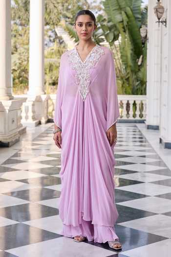 Buy_RINESSA_Lavender Georgette, Net, Shantoon V-neck Pearl Embellished Kaftan Set _at_Aza_Fashions