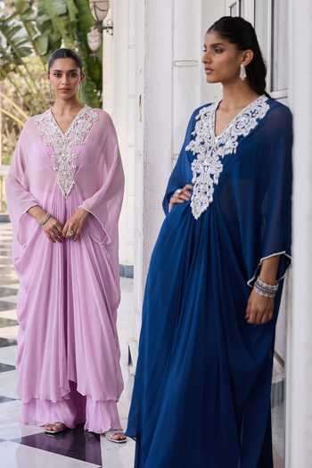 RINESSA_Lavender Georgette, Net, Shantoon V-neck Pearl Embellished Kaftan Set _at_Aza_Fashions
