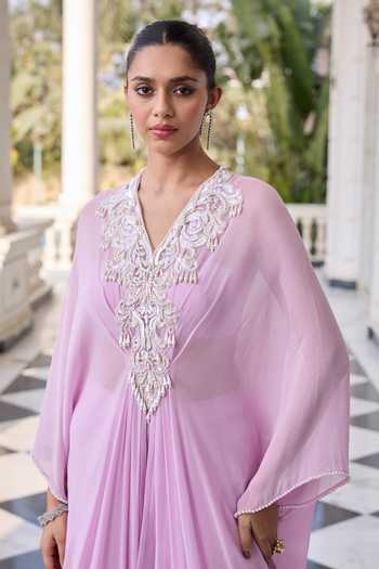 Buy_RINESSA_Lavender Georgette, Net, Shantoon V-neck Pearl Embellished Kaftan Set 