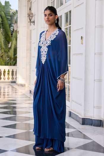 RINESSA_Blue Georgette, Net, Shantoon V-neck Pearl Embellished Kaftan Pant Set _Online_at_Aza_Fashions