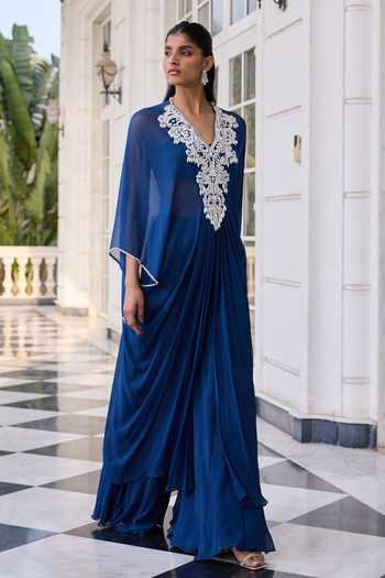 Buy_RINESSA_Blue Georgette, Net, Shantoon V-neck Pearl Embellished Kaftan Pant Set _Online_at_Aza_Fashions