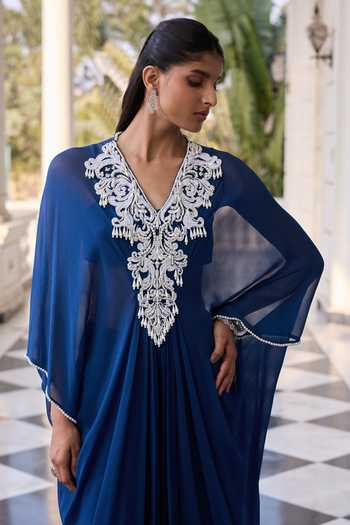 Shop_RINESSA_Blue Georgette, Net, Shantoon V-neck Pearl Embellished Kaftan Pant Set _Online_at_Aza_Fashions