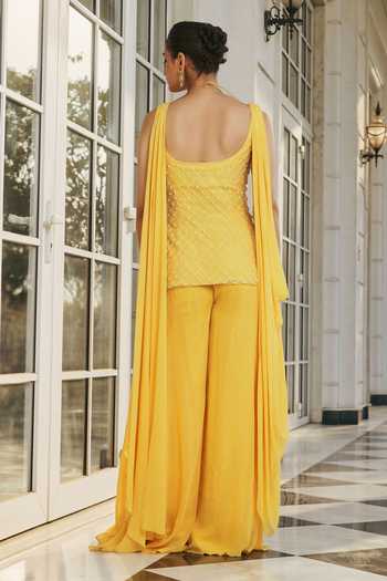 Shop_RINESSA_Yellow Organza, Georgette, Net, Shantoon Embroidered Draped Kurta With Trouser _at_Aza_Fashions
