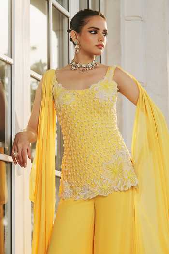 RINESSA_Yellow Organza, Georgette, Net, Shantoon Embroidered Draped Kurta With Trouser _Online_at_Aza_Fashions