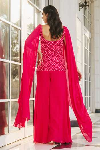 Shop_RINESSA_Fuchsia Georgette, Shantoon, Net, Organza Embroidered Draped Kurta With Trouser _at_Aza_Fashions