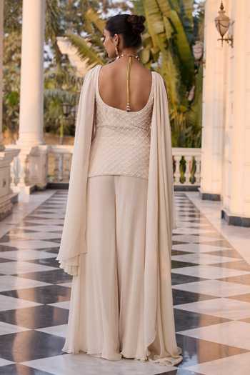 Shop_RINESSA_Ivory Georgette, Shantoon, Net, Organza Embroidered Draped Kurta With Trouser _at_Aza_Fashions