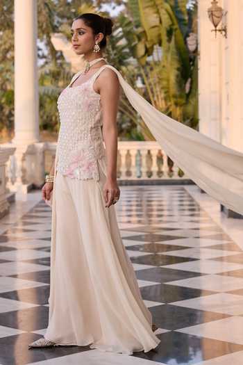 Buy_RINESSA_Ivory Georgette, Shantoon, Net, Organza Embroidered Draped Kurta With Trouser _Online_at_Aza_Fashions