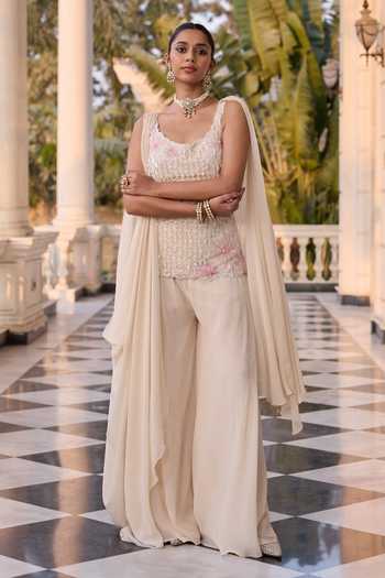 Shop_RINESSA_Ivory Georgette, Shantoon, Net, Organza Embroidered Draped Kurta With Trouser _Online_at_Aza_Fashions