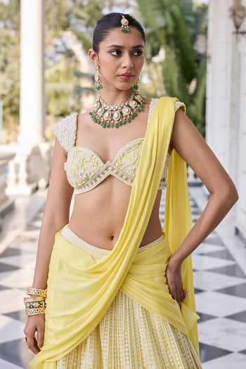 RINESSA_Yellow Georgette, Satin, Net, Shantoon Sweetheart Pearl Embroidered Lehenga Set _Online_at_Aza_Fashions