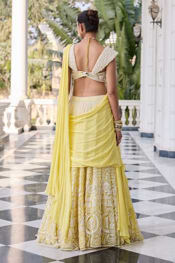 Shop_RINESSA_Yellow Georgette, Satin, Net, Shantoon Sweetheart Pearl Embroidered Lehenga Set _at_Aza_Fashions