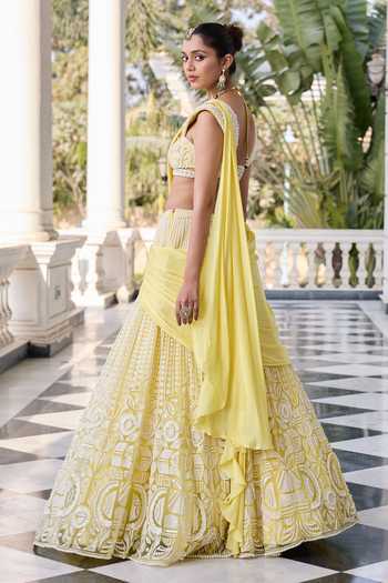 Buy_RINESSA_Yellow Georgette, Satin, Net, Shantoon Sweetheart Pearl Embroidered Lehenga Set _Online_at_Aza_Fashions