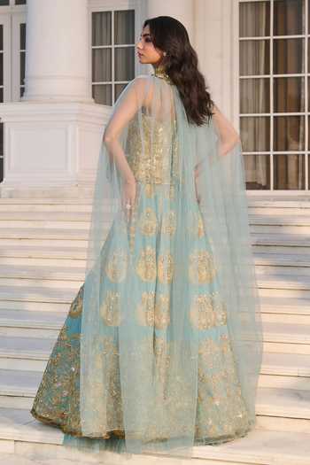 Shop_RINESSA_Blue Silk, Net, Dupion, Shantoon Embroidery Hand Embellished Corset Lehenga Set _at_Aza_Fashions