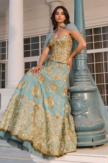 Buy_RINESSA_Blue Silk, Net, Dupion, Shantoon Embroidery Hand Embellished Corset Lehenga Set 