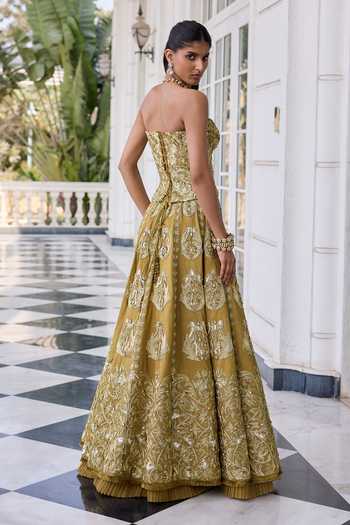 Shop_RINESSA_Olive Green Dupion, Net, Shantoon Hand Embellished Corset Lehenga Set _at_Aza_Fashions