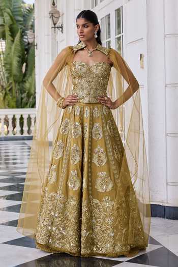 Buy_RINESSA_Olive Green Dupion, Net, Shantoon Hand Embellished Corset Lehenga Set _at_Aza_Fashions