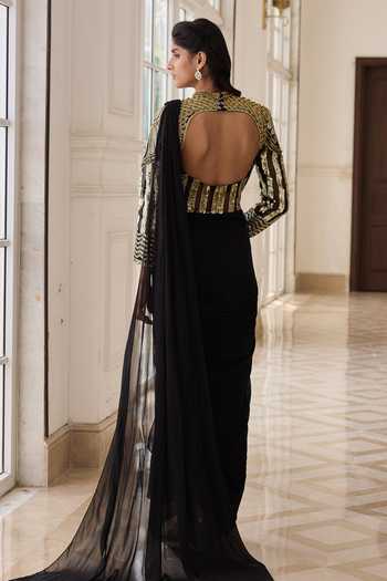 Shop_RINESSA_Black Georgette, Net, Shantoon Sweetheart Embellished Draped Saree With Blouse _at_Aza_Fashions