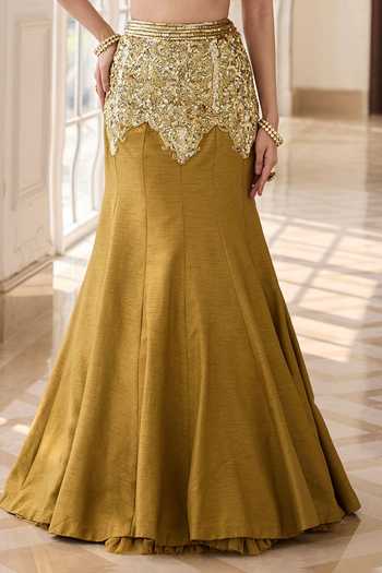 Buy_RINESSA_Olive Green Silk, Net, Chiffon, Dupion, Embellished Cape And Fishcut Lehenga Set _Online_at_Aza_Fashions