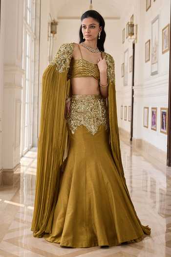 RINESSA_Olive Green Silk, Net, Chiffon, Dupion, Embellished Cape And Fishcut Lehenga Set _at_Aza_Fashions