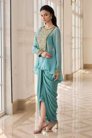 RINESSA_Blue Organza, Georgette, Net, Shantoon Embellished Short Kurta With Dhoti Skirt _Online_at_Aza_Fashions