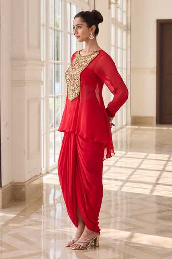 RINESSA_Red Organza, Georgette, Net, Shantoon Embellished Short Kurta With Dhoti Skirt _Online_at_Aza_Fashions