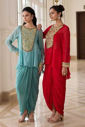 Buy_RINESSA_Red Organza, Georgette, Net, Shantoon Embellished Short Kurta With Dhoti Skirt 