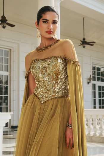 Buy_RINESSA_Olive Green Crepe, Net, Shantoon Hand Embroidered Anarkali And Cape Set _Online_at_Aza_Fashions