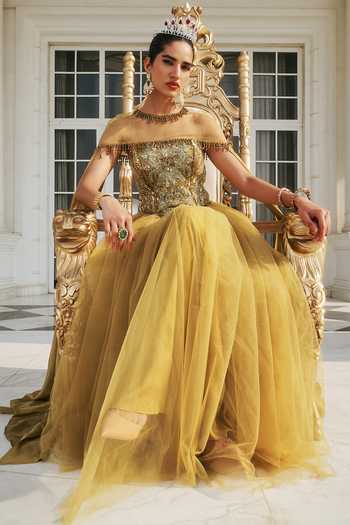 Shop_RINESSA_Olive Green Crepe, Net, Shantoon Hand Embroidered Anarkali And Cape Set _Online_at_Aza_Fashions