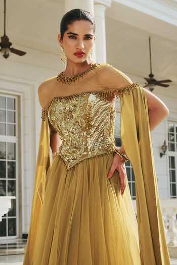 RINESSA_Olive Green Crepe, Net, Shantoon Hand Embroidered Anarkali And Cape Set _at_Aza_Fashions