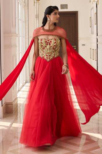 Buy_RINESSA_Red Crepe, Net, Shantoon Sweetheart Neck, Hand Embroidered Anarkali With Cape _Online_at_Aza_Fashions
