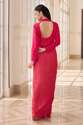 Shop_RINESSA_Fuchsia Silk, Net, Dupion, Shantoon V-neck Hand Embellished Draped Dress _at_Aza_Fashions