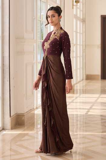RINESSA_Brown Silk, Net, Dupion, Shantoon Asymmetric Neck Hand Embellished Draped Dress _Online_at_Aza_Fashions