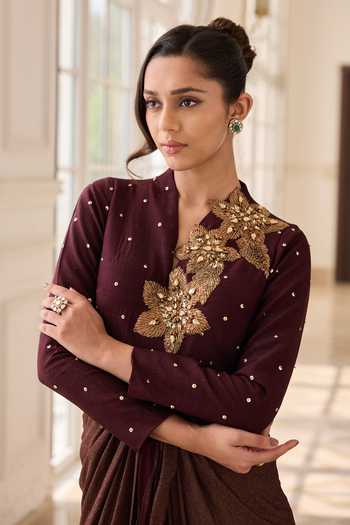 Buy_RINESSA_Brown Silk, Net, Dupion, Shantoon Asymmetric Neck Hand Embellished Draped Dress _Online_at_Aza_Fashions