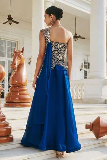 Shop_RINESSA_Blue Organza, Net, Shantoon One Shoulder Hand Embellished Cocktail Dress _at_Aza_Fashions