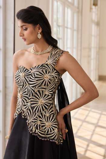 RINESSA_Black Organza, Net, Shantoon Sweetheart Neck, Hand Embellished Cocktail Dress _Online_at_Aza_Fashions