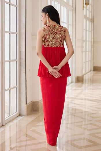 Shop_RINESSA_Red Crepe, Net, Chiffon, Chinon, Shantoon Hand Embellished Top With Dhoti Skirt _at_Aza_Fashions