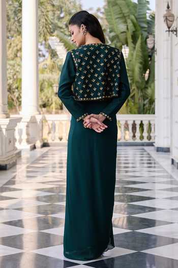 Shop_RINESSA_Emerald Green Silk, Georgette, Shantoon Open Hand Embroidered Jacket Skirt Set _at_Aza_Fashions