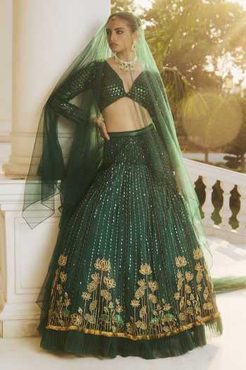 Buy_RINESSA_Emerald Green Dupion, Net, Satin, Shantoon V-neck Hand Embroidered Lehenga Set _at_Aza_Fashions