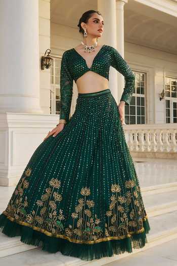 Buy_RINESSA_Emerald Green Dupion, Net, Satin, Shantoon V-neck Hand Embroidered Lehenga Set _Online_at_Aza_Fashions