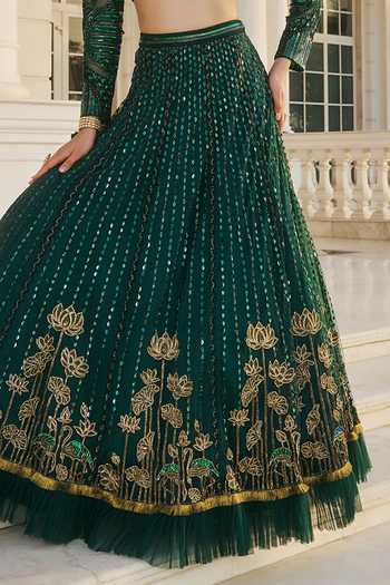 Shop_RINESSA_Emerald Green Dupion, Net, Satin, Shantoon V-neck Hand Embroidered Lehenga Set _Online_at_Aza_Fashions