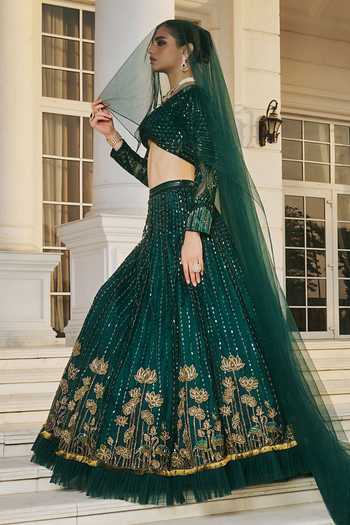 Buy_RINESSA_Emerald Green Dupion, Net, Satin, Shantoon V-neck Hand Embroidered Lehenga Set 