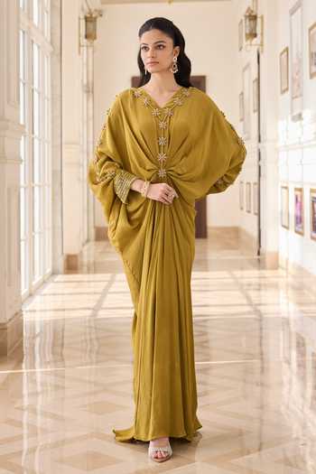 Buy_RINESSA_Olive Green Crepe, Net, Shantoon V-neck Hand Embellished Kaftan _Online_at_Aza_Fashions