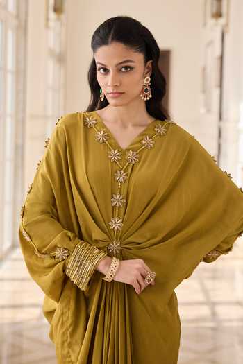 Shop_RINESSA_Olive Green Crepe, Net, Shantoon V-neck Hand Embellished Kaftan _Online_at_Aza_Fashions
