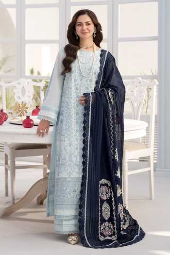 Buy_RINESSA_Sky Blue Cotton, Organza Round Neck Celestal Embroidered Kurta Set _at_Aza_Fashions