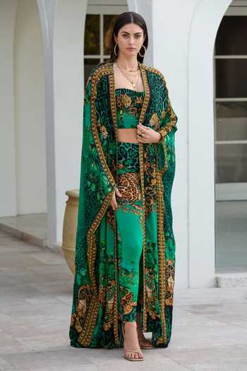 Buy_Zariaah_Green Viscose, Silk, Spandex Crystals Wild Leopard Print Leggings Set With Cape _Online_at_Aza_Fashions