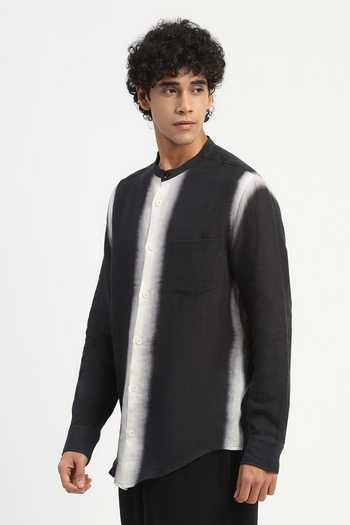 Abraham And Thakore_Black Linen Ombre Print Shirt _at_Aza_Fashions