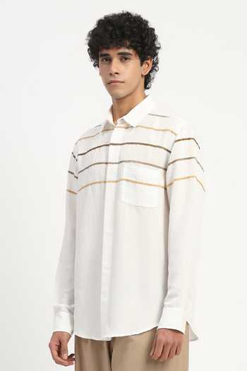 Abraham And Thakore_Ivory Cotton, Linen Tape Applique Shirt _Online_at_Aza_Fashions