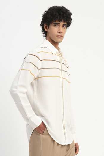Buy_Abraham And Thakore_Ivory Cotton, Linen Tape Applique Shirt _Online_at_Aza_Fashions
