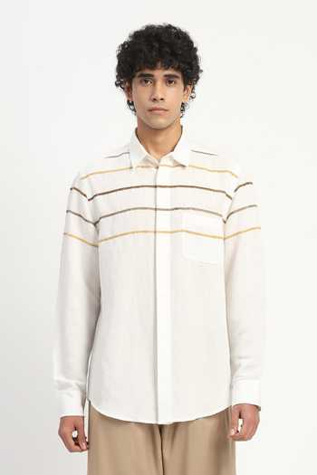 Buy_Abraham And Thakore_Ivory Cotton, Linen Tape Applique Shirt _at_Aza_Fashions
